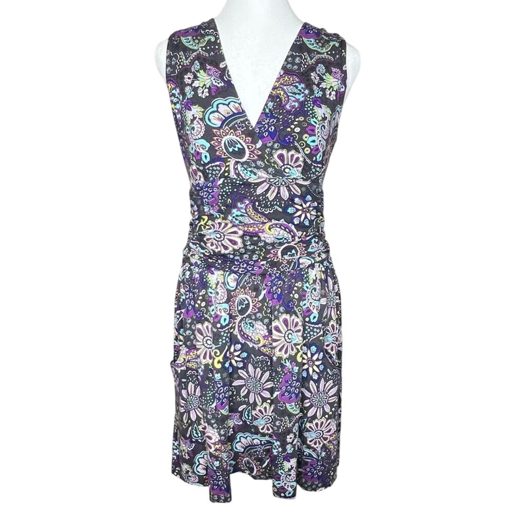Athleta Jura Faux Wrap Dress Size Medium Petite MP Purple Gray Floral Pockets